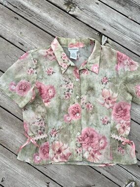 K & Company sage green + pink floral print sheer blouse